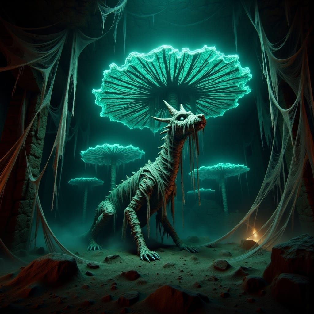 <lora:-The Mummy-:1.0> a dragon on a bioluminescent mushroom