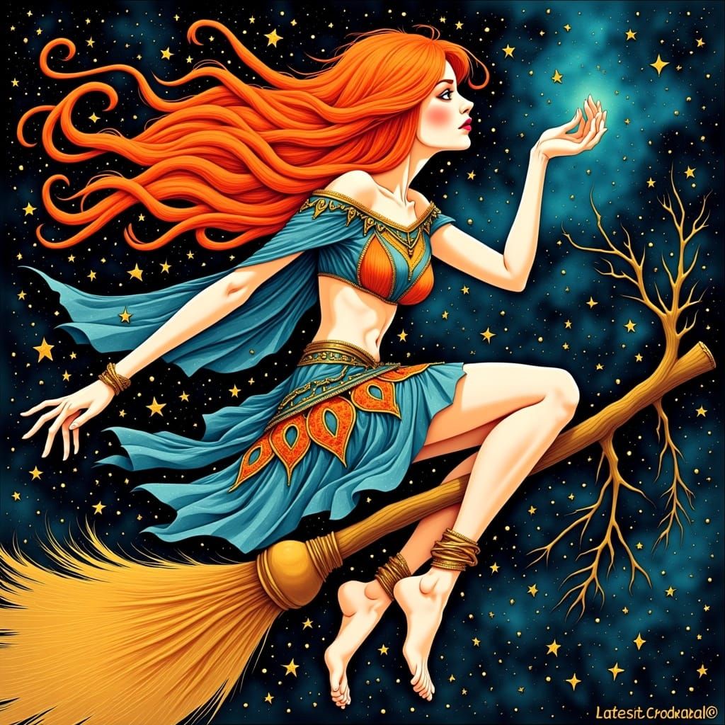 <lora:Witches:1.0> Hyperrealistic stempunk-styled fiery-haired brave magician girl in Hippie Boho outfit flying fast Riding on a broomstick...
