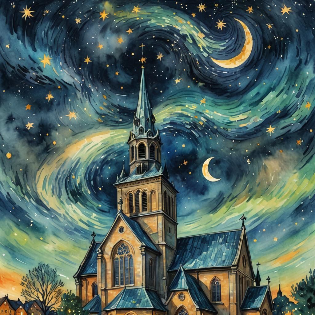 hyper-detailed watercolour of starry night
