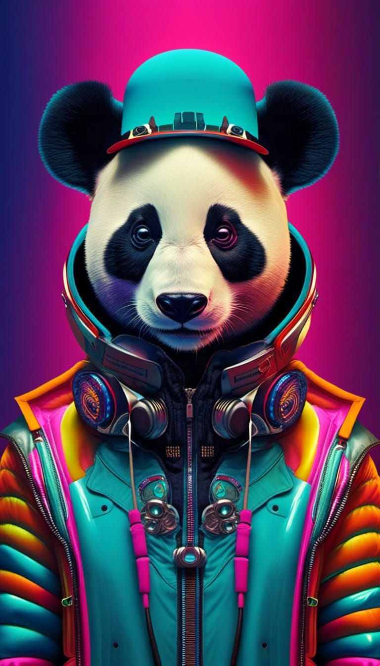 Matthieu Bourel portrait of a (funky cyborg Panda Bear :1.2), cartoonishly evil, futuristic style, colorful, surreal, masterpiece, 8k, award...