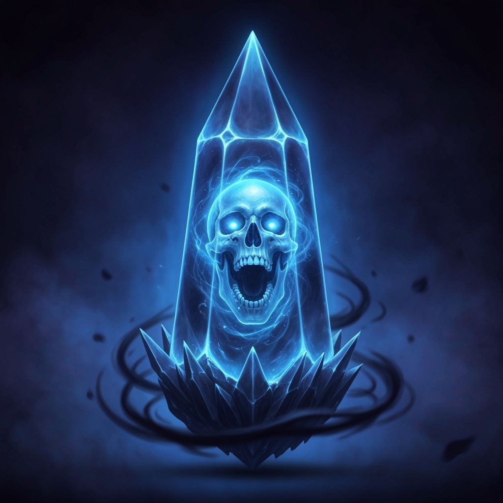 A medium, luminous soul crystal encases a spectral skull, glowing with a chilling blue light. The crystal, sharp-edged and tapering to a poi...