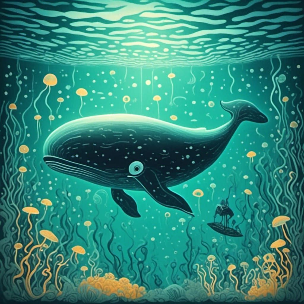 <lora:White Light:1.0> Underwater view of a huge fantastical glowing transparent glass whale swimming in the ocean. Surrounded by glowing je...