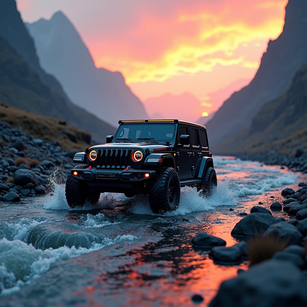 Futuristic Jeep Navigates Mountain Pass at Sunset