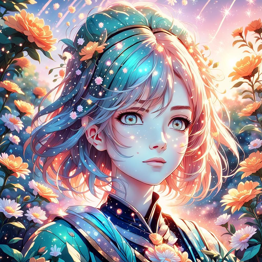 Anime Girl in Sunset Garden with Flowers