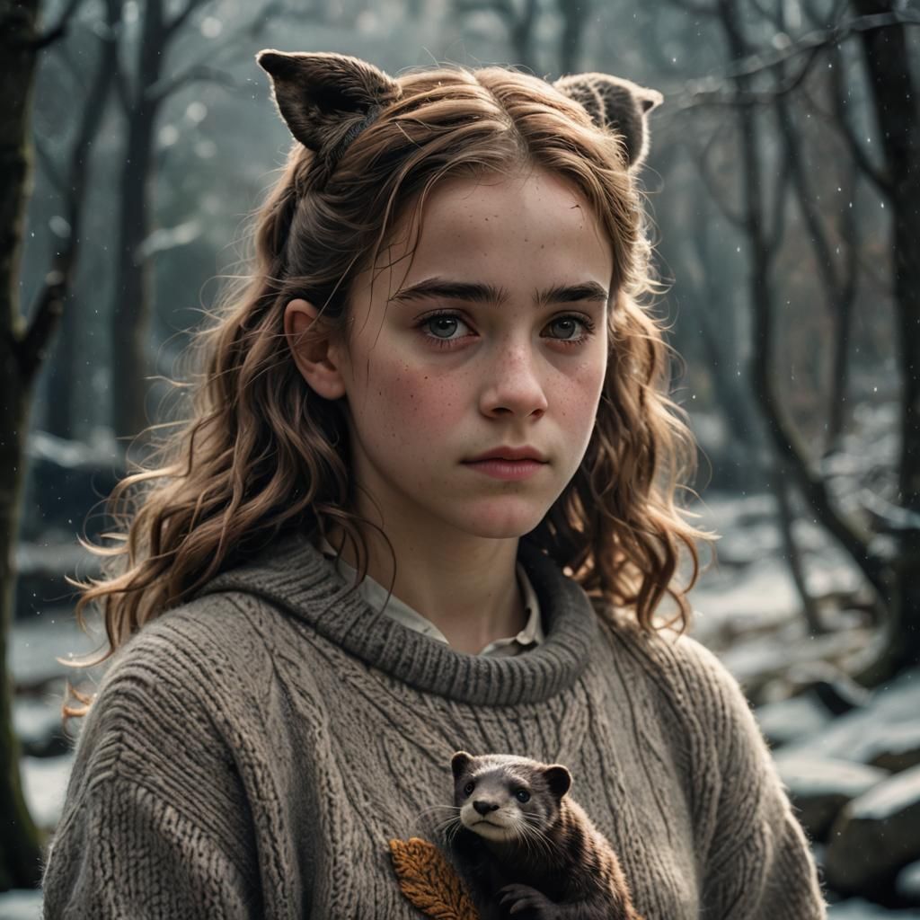 18 year old, Hermione Granger with otter ears, wearing woole...