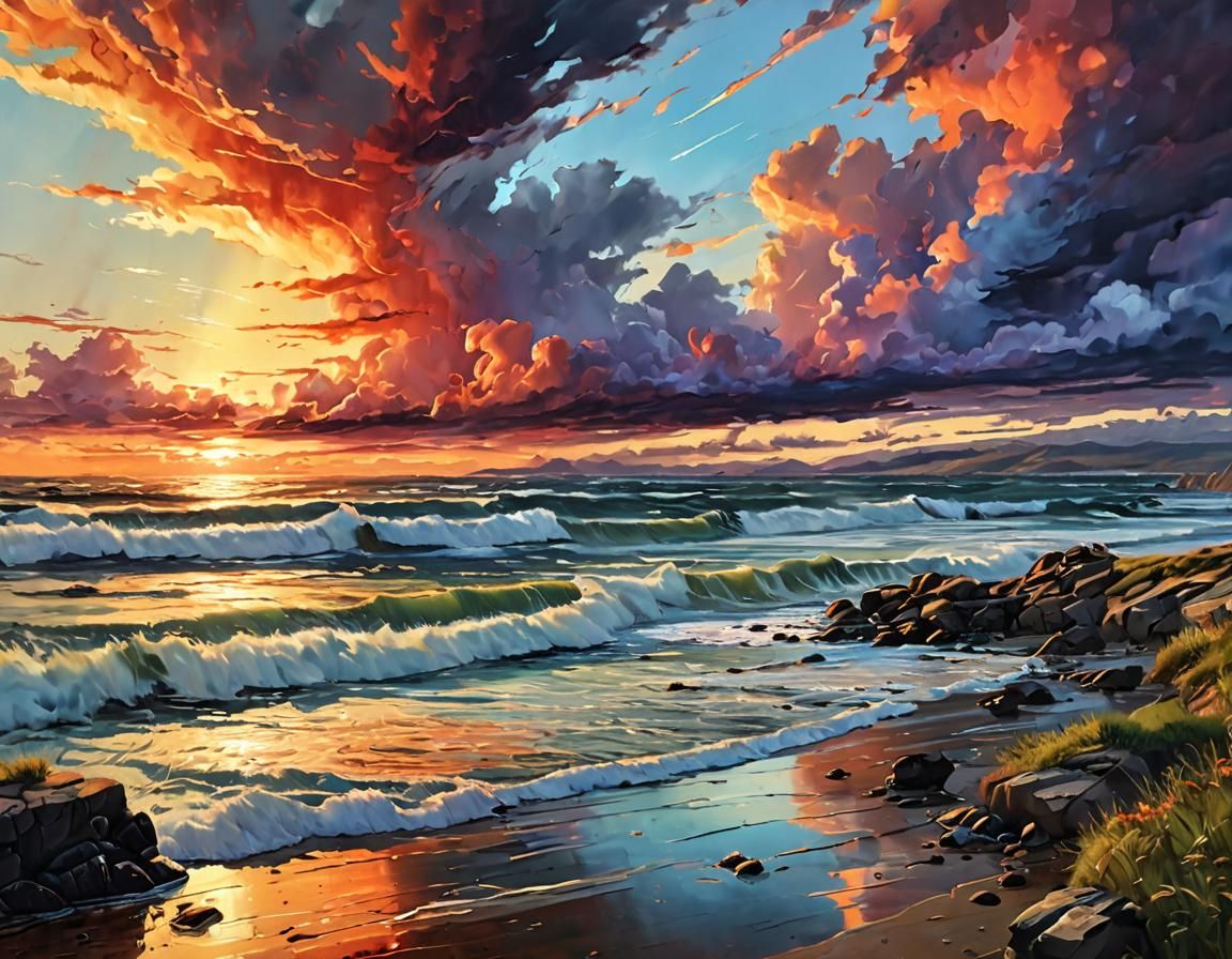 Summer sunset with rolling clouds over the coast, Vivid, Landscapes, Broad brushstrokes, Painterly, Epic, Moody.
