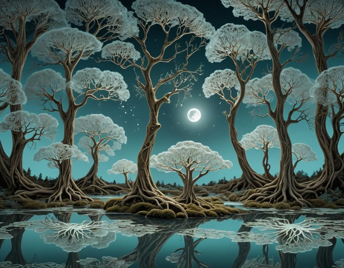 Moonlit, celtic lace, lake with trees and fungi, natural, aq...