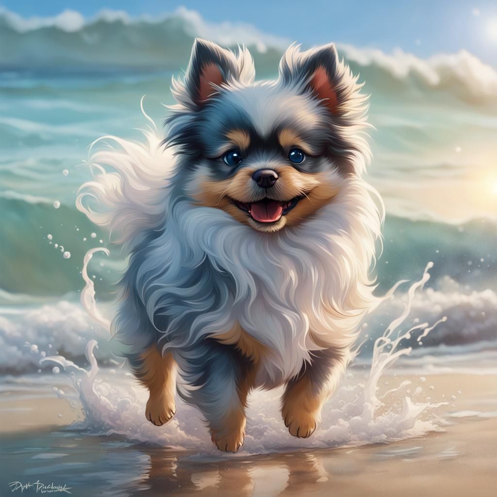 blue merle pomeranian puppy playing in the small waves at the beach ...