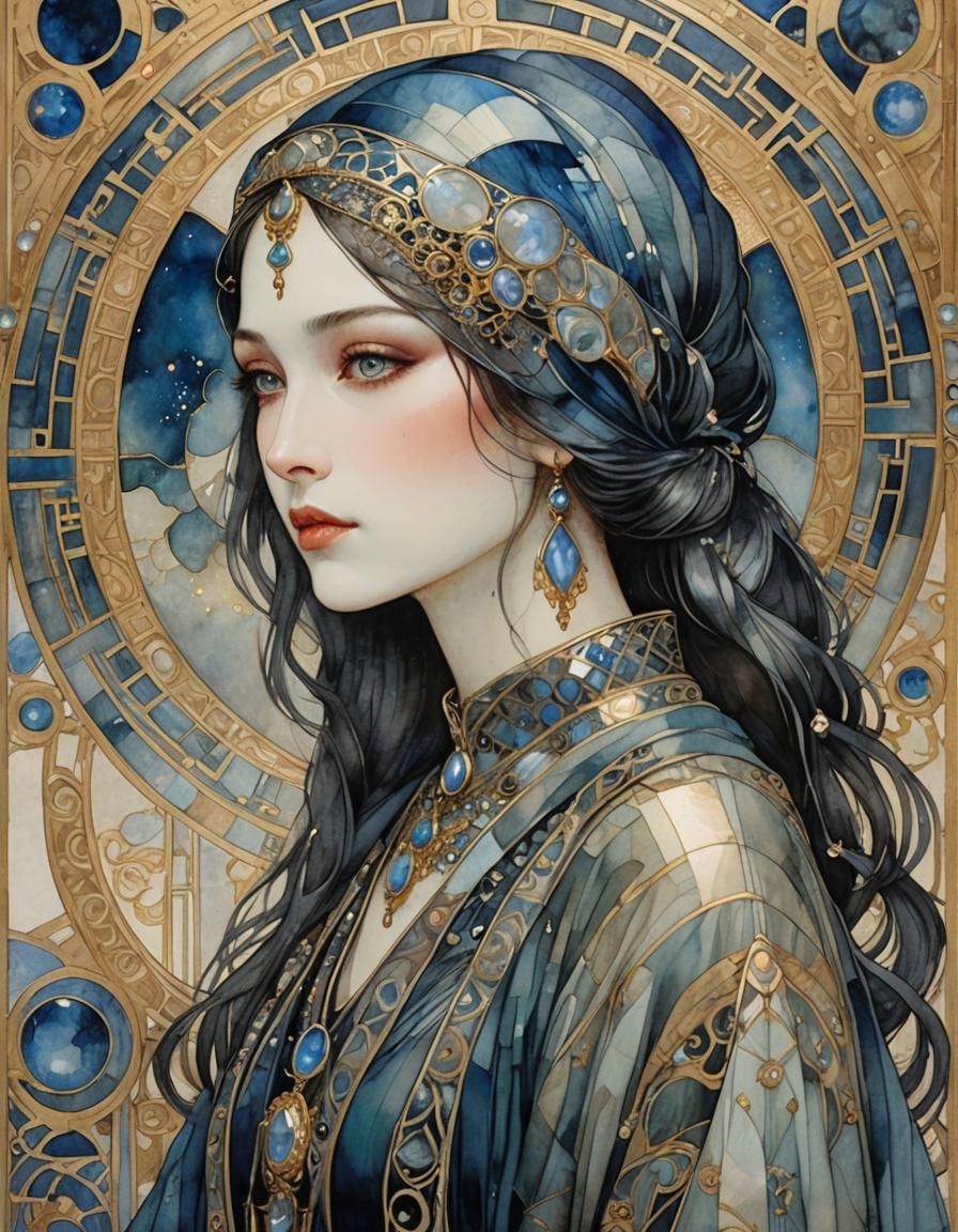 Woman portrait in labradorite and moonstone