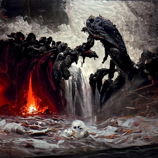 Water fall into a lake of lava with dragons swimming in the lava - AI ...