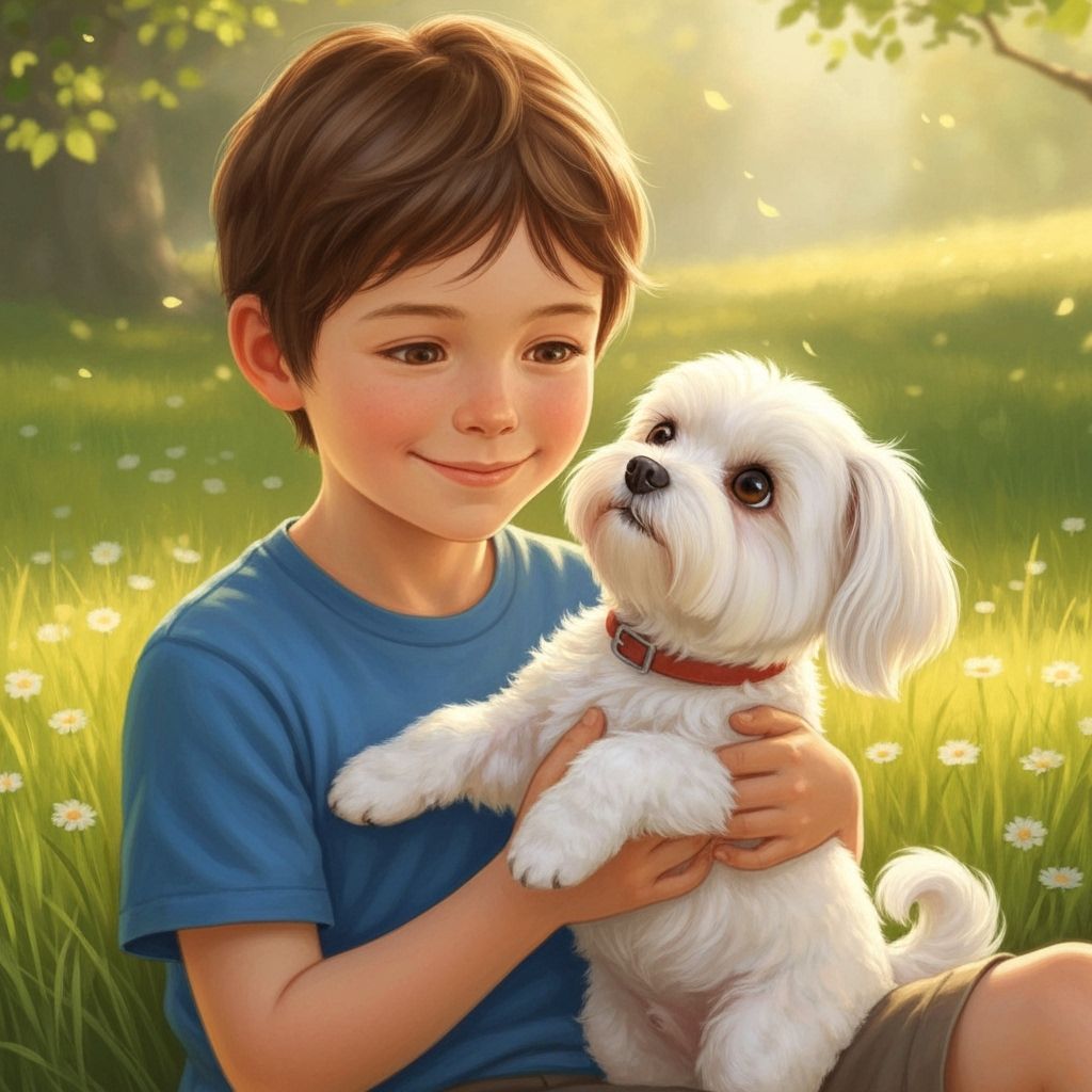Boy and Maltese Dog in Sun-Dappled Meadow