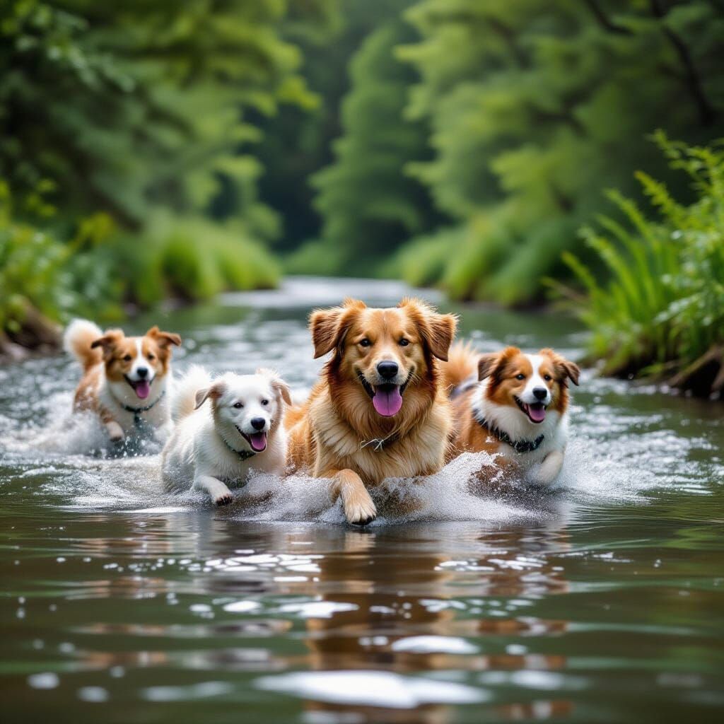 White Dog Swimming in Clear River