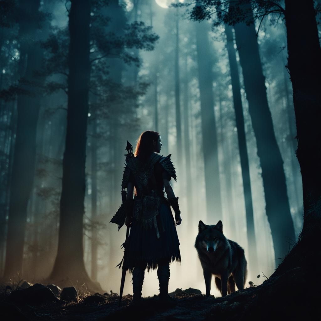 a mystical female warrior with a wolf companion