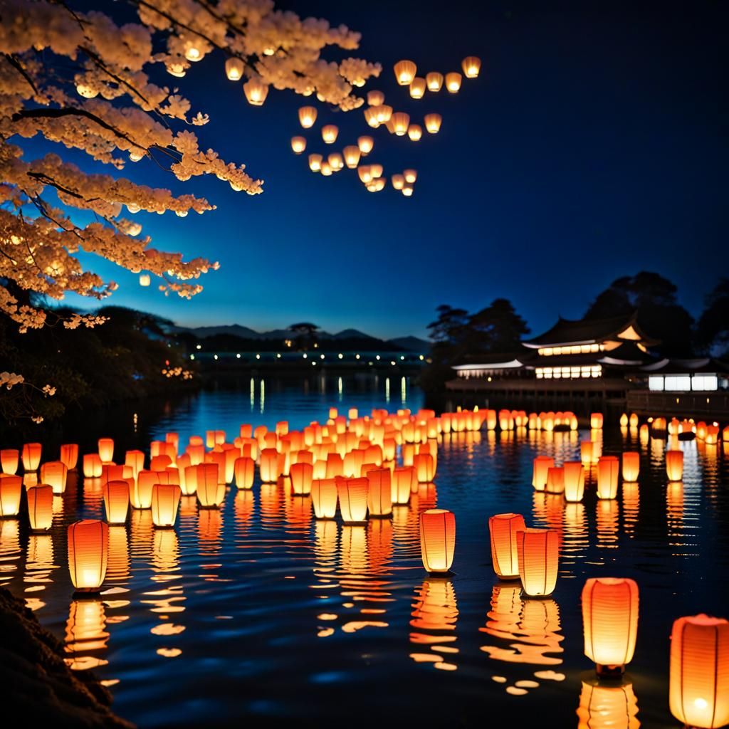 Tōrō nagashi ceremony with warmly glowing floating Japanese lanterns ...