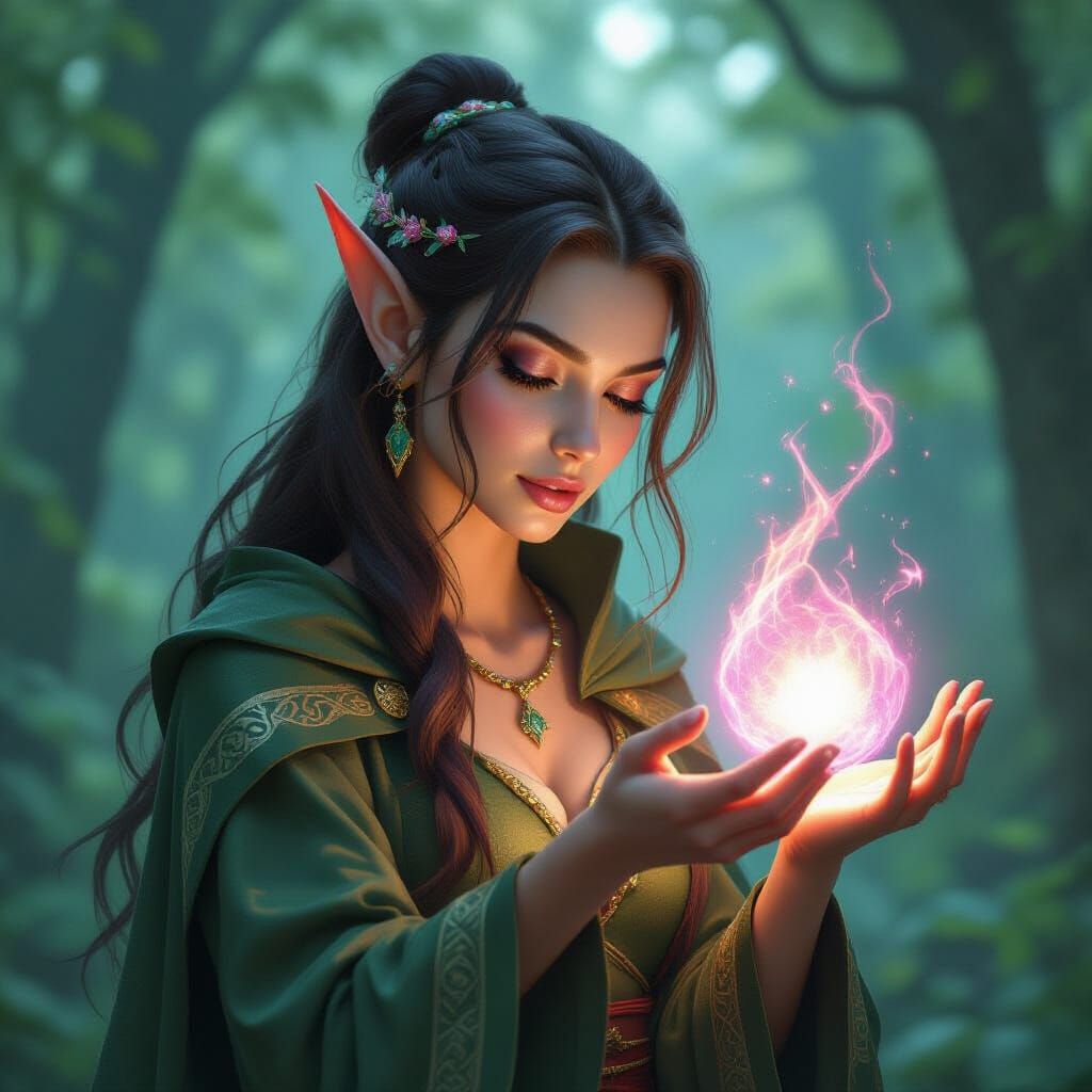 A beautiful young slender well-endowed elven sorceress casting healing magic in the forest. 