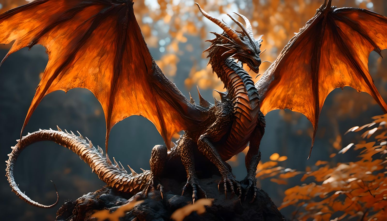 <lora:Sun0fKor:1.0> dragon of autumn with highly detailed orange and dark scales, complex gossamer wings and long coiling tail ended with a...