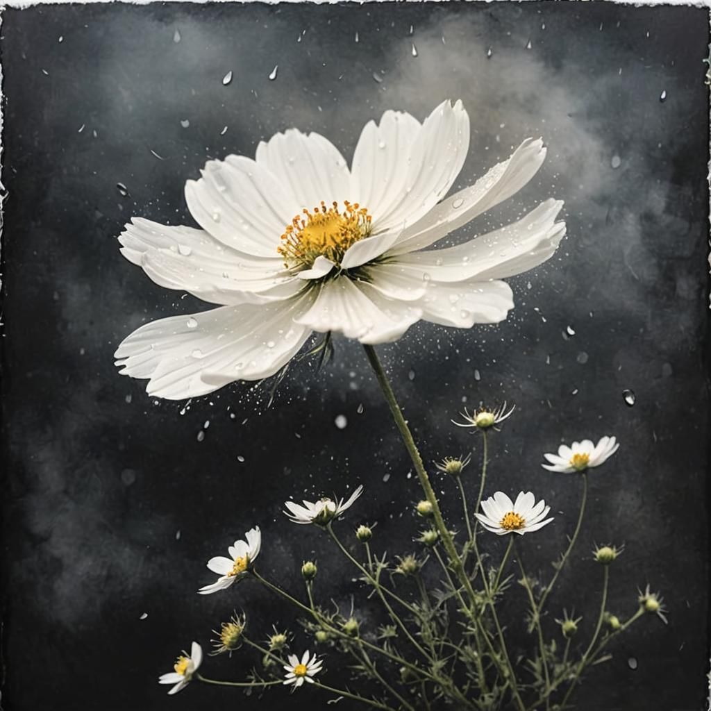 white cosmos on a black background. through foggy glass in d...
