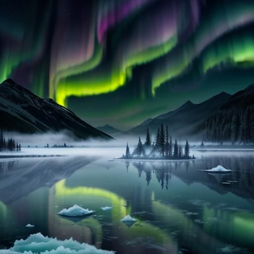 Aurora night ,stag cross a frozen clear lake  double exposur...