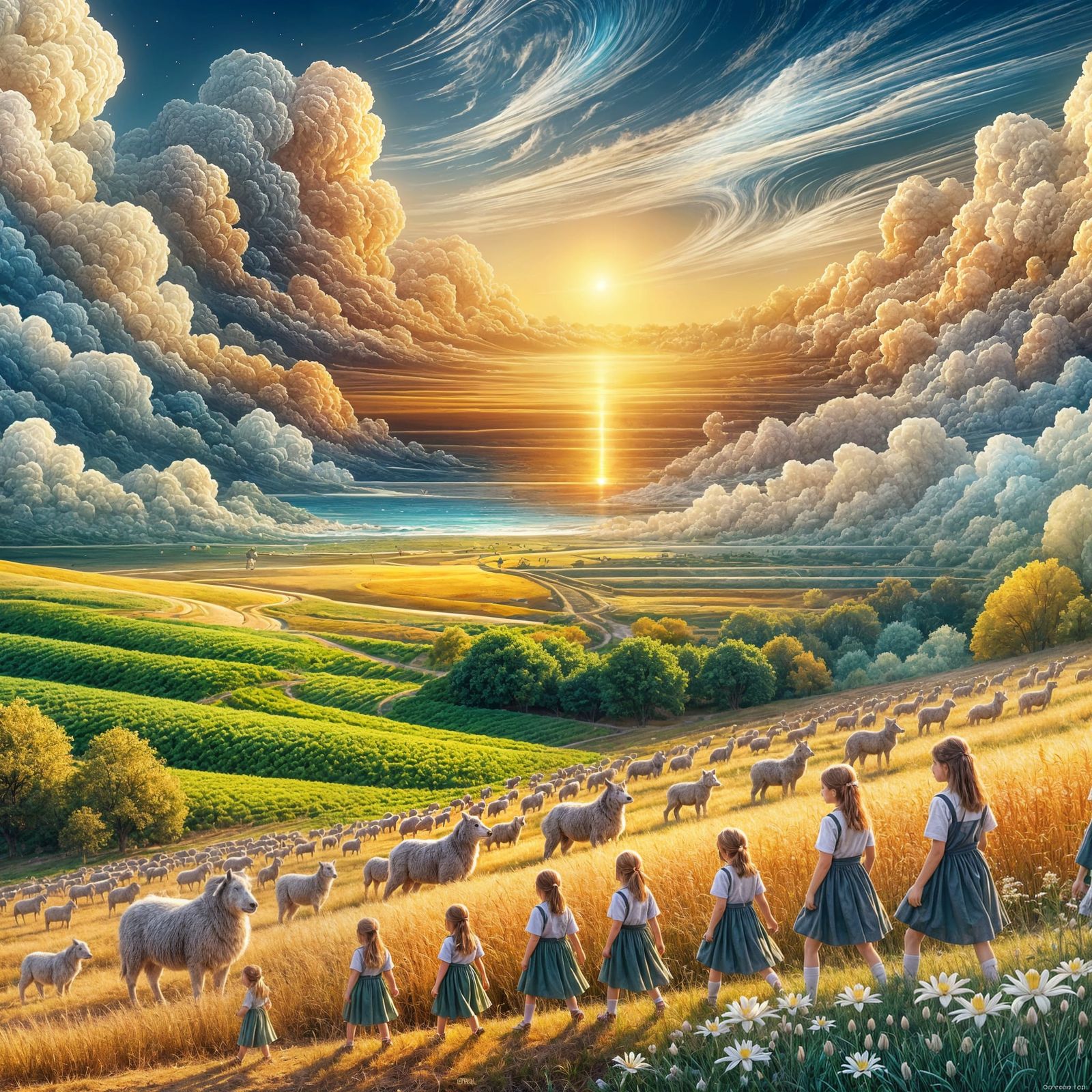 Maximalist Double Exposure of Sheep on Green Pastures with R...