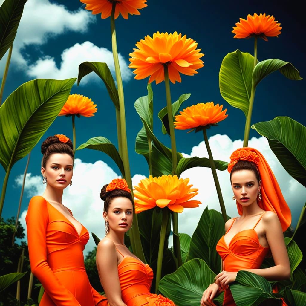 Surrealistic Portraits of Elegant Women in Vibrant Landscape...