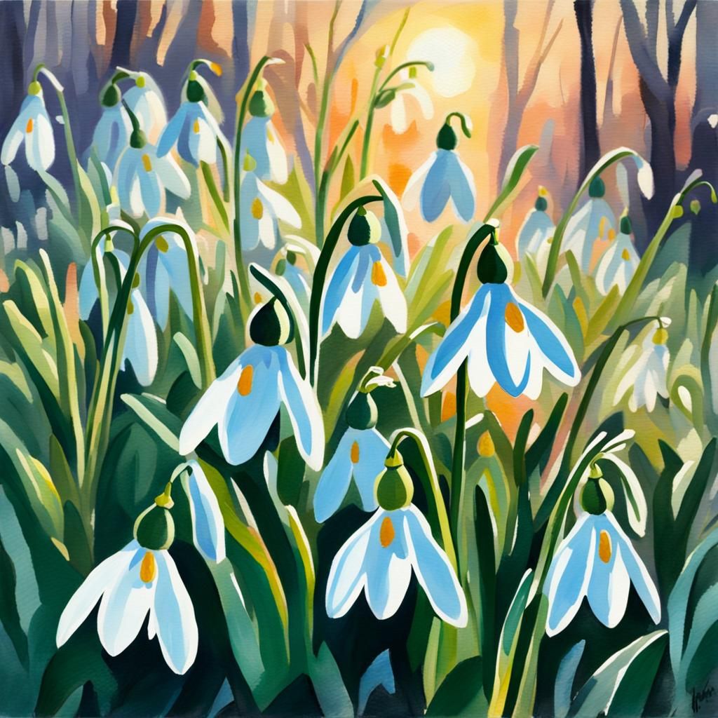 Snowdrops closeup at dawn.