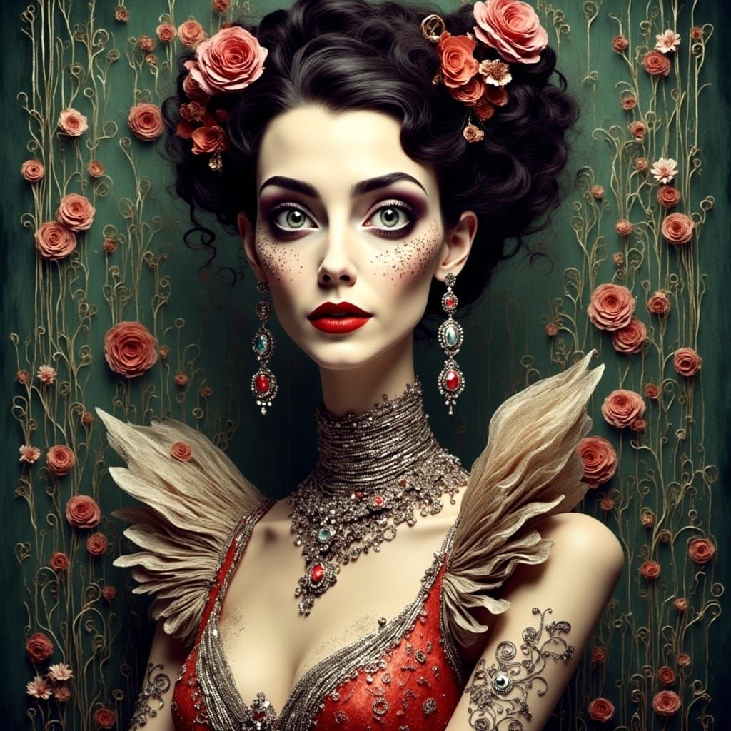  <lora:SybilThorn-6:1.0> portrait of a beautiful woman wearing intricately detailed colorful clothing and futuristic jewelry.