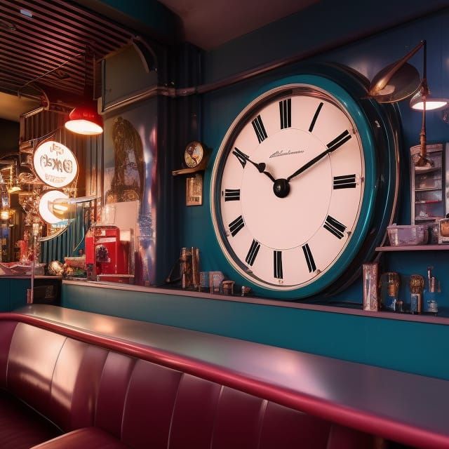 Wall clock in 50s diner  by @StephanieB