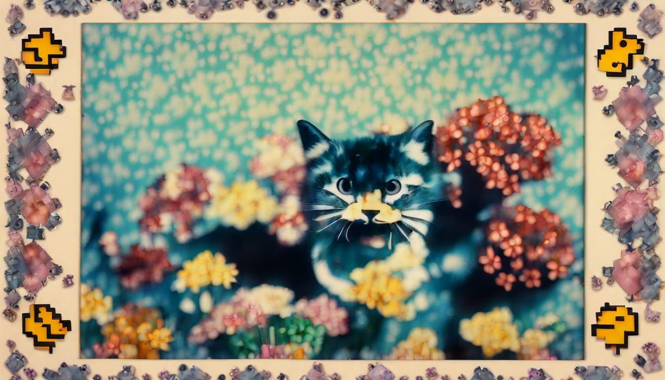 Vintage Microscopic Cats Play in Neon Flowers
