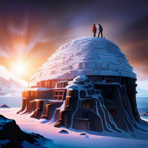 Sunset over the snowy rocks
