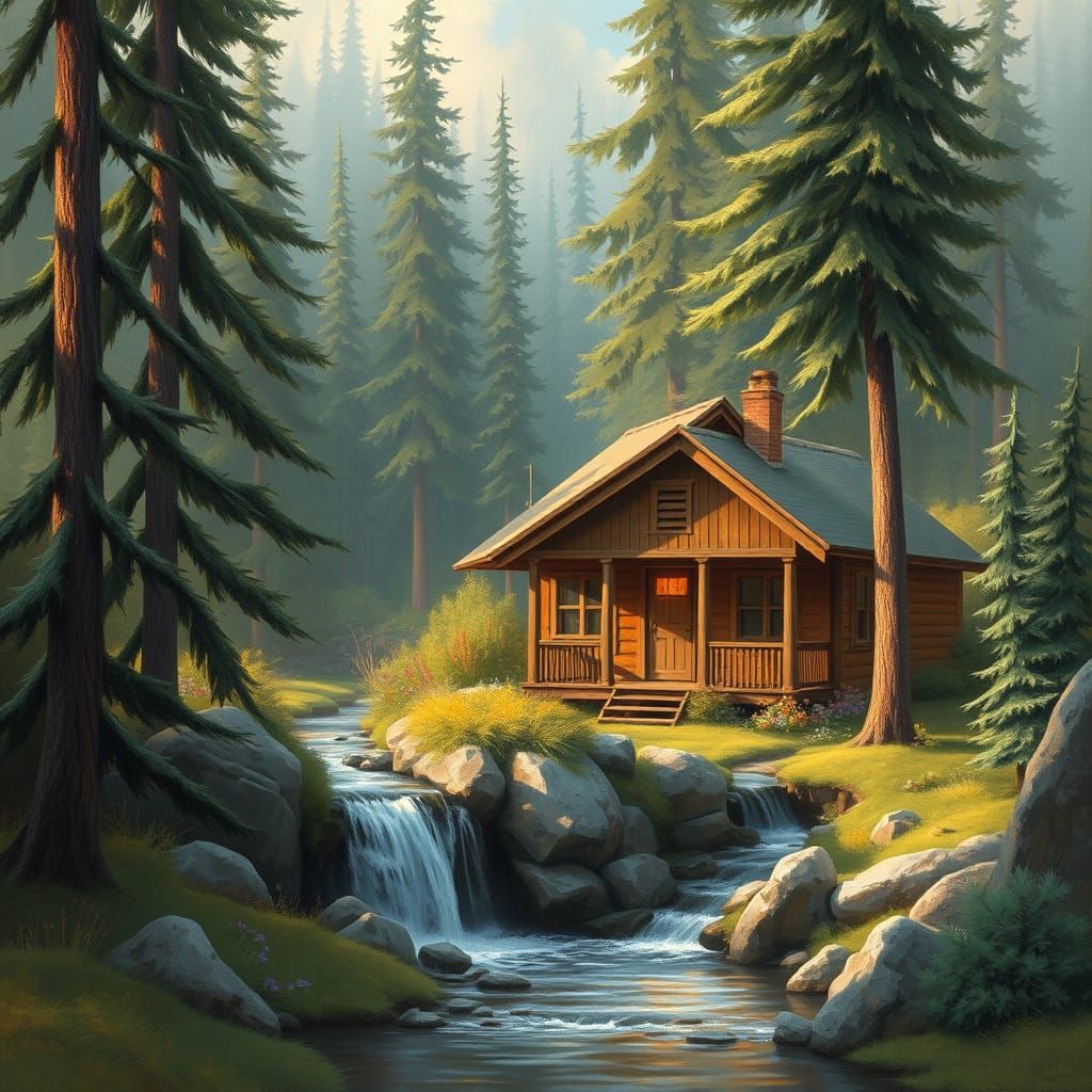 A sereal cabin with colors of nature, with a waterfall falling into a stream as connifferis trees surround the area.
