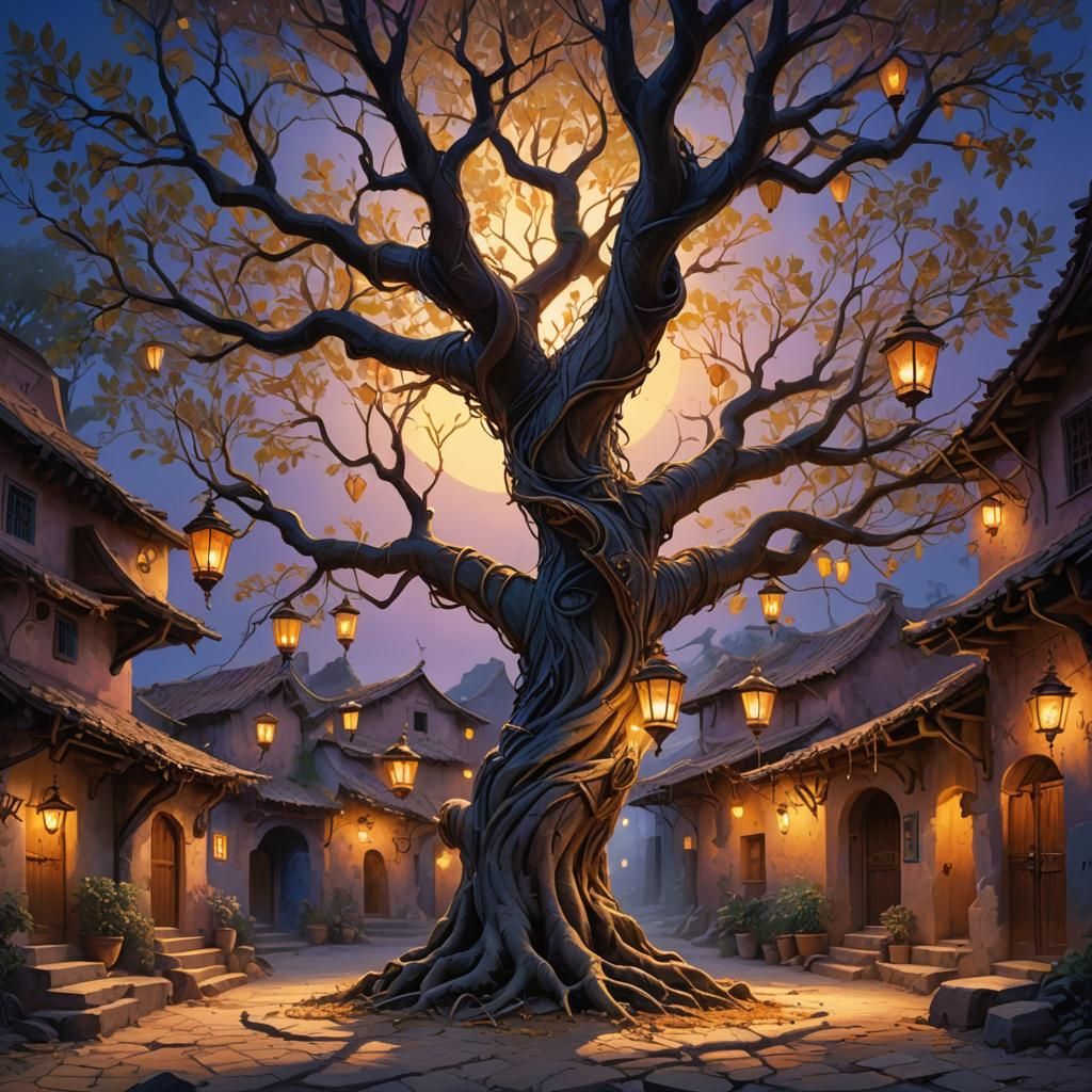 Mystical Pipal Tree in a Village, Oil Painting