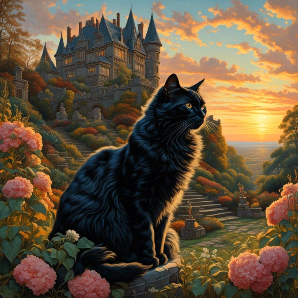 Hyper-detailed, hyper-realistic <lora:Varleyish:1.0> painting of a fluffy black cat sitting in the garden of an ornate castle as the sun ris...