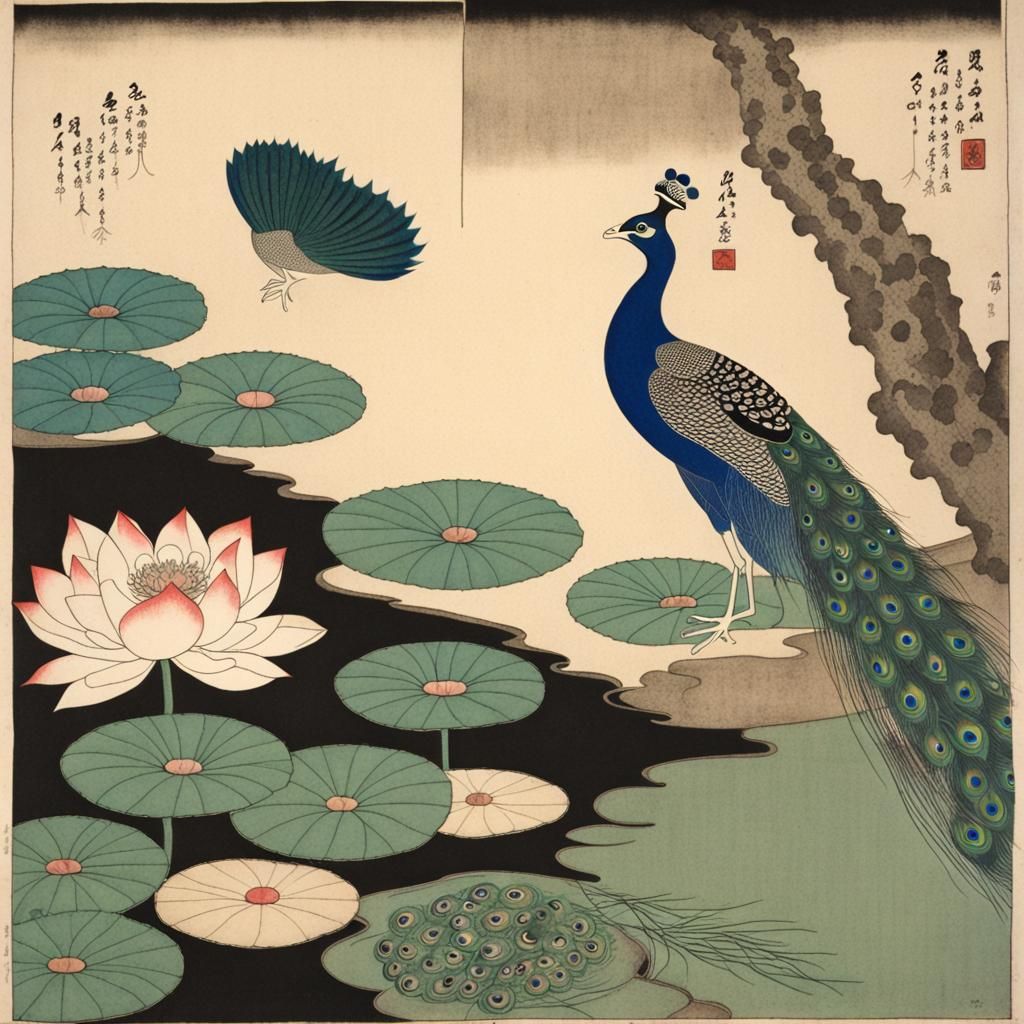 a frog and a peacock at a lotus pond. Collage. Japanese ink. Old paper. Ito Jakuchu