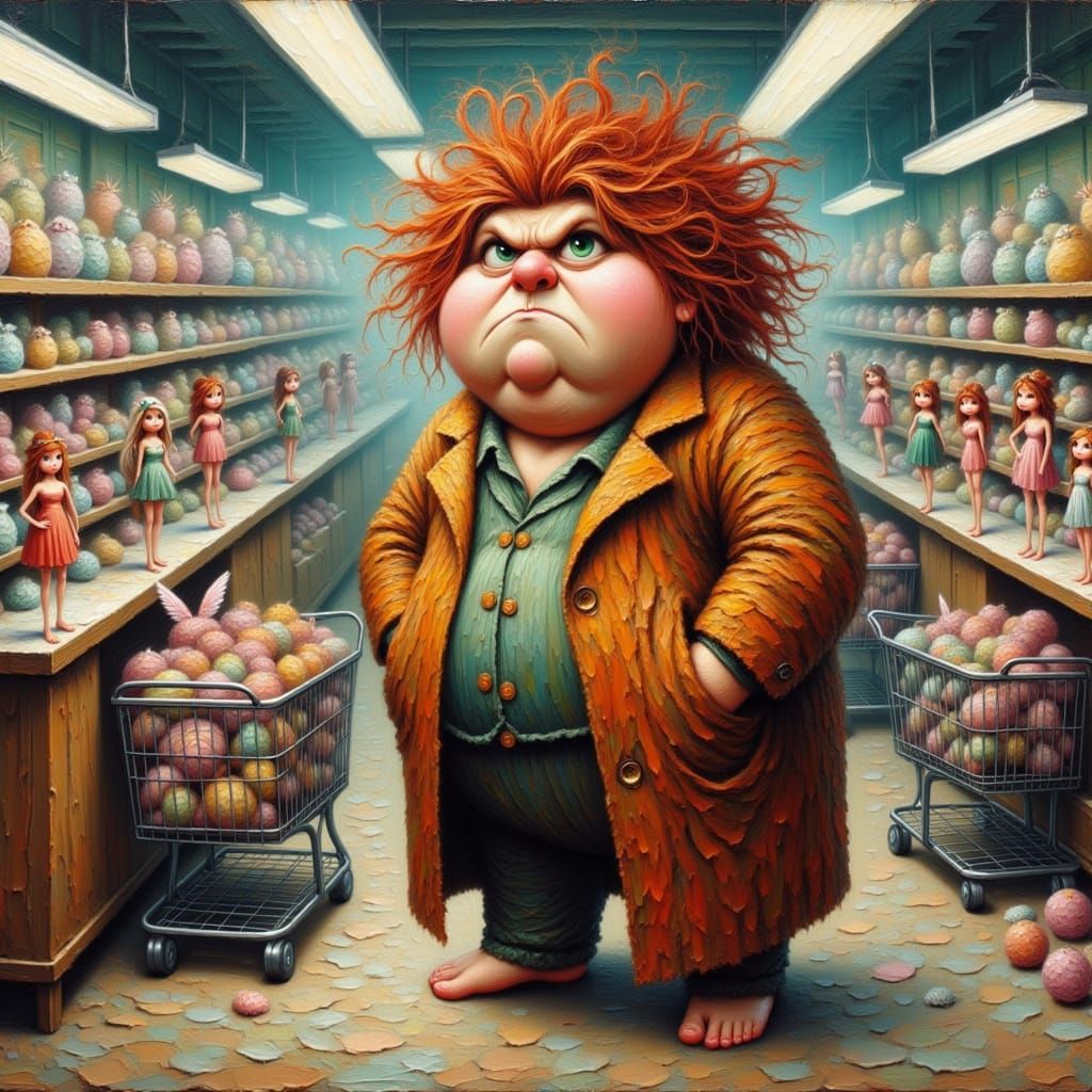 <lora:Kak-moodyfairy:1.0>Impasto painting, a red messy hair woman, with grumpy face, wearing an oversized coat in tiger print is waiting on ...