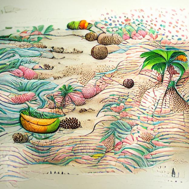 Detailed colored ink on paper, illustration of a lush tropical beach