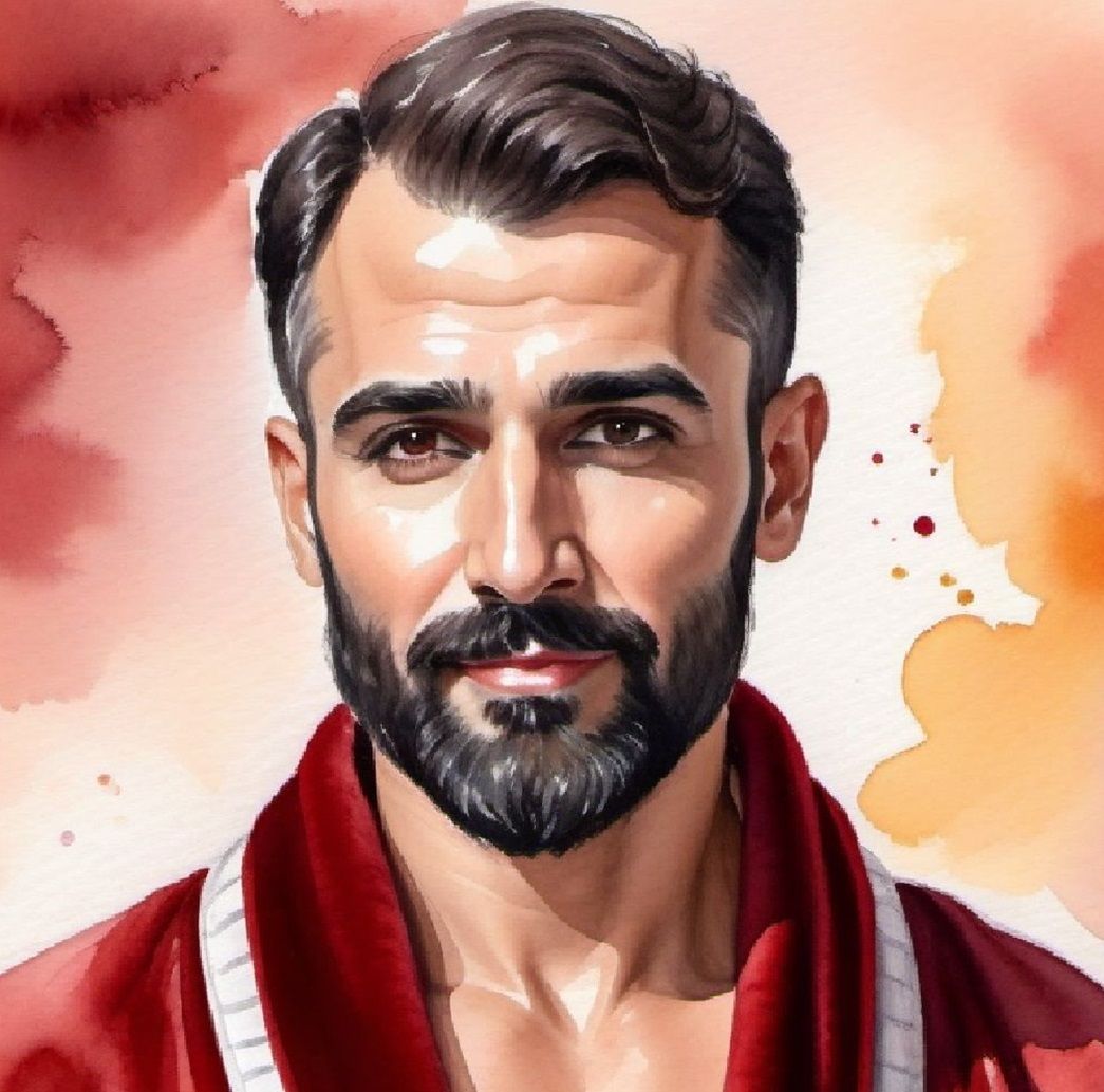 Watercolour portrait of a handsome bearded man