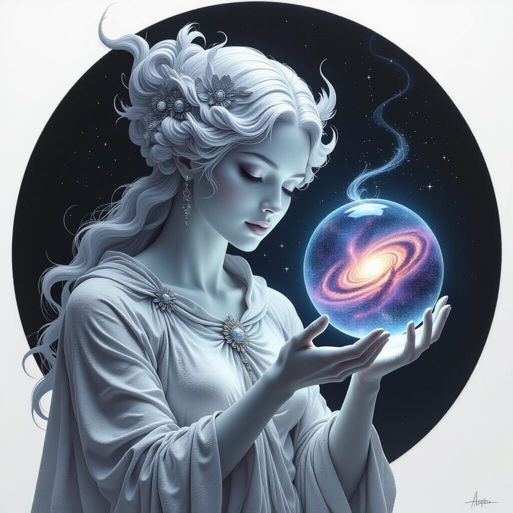 An intricate pencil sketch of a celestial being composed of swirling nebulae and stardust, holding a ...  by @Katimati