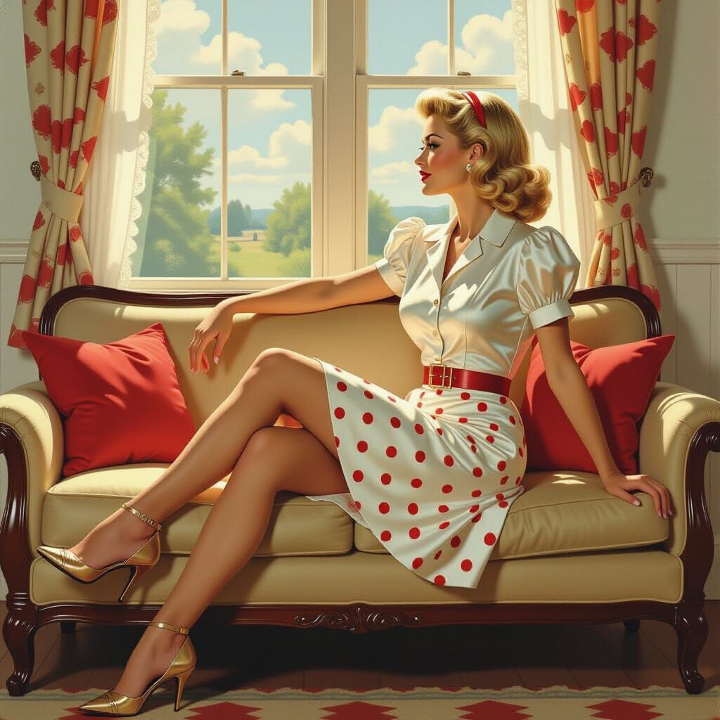 a 1950's housewife sitting in her livingroom couch, looking out the window to the world outside. She ...  by @Miss_Voodoo