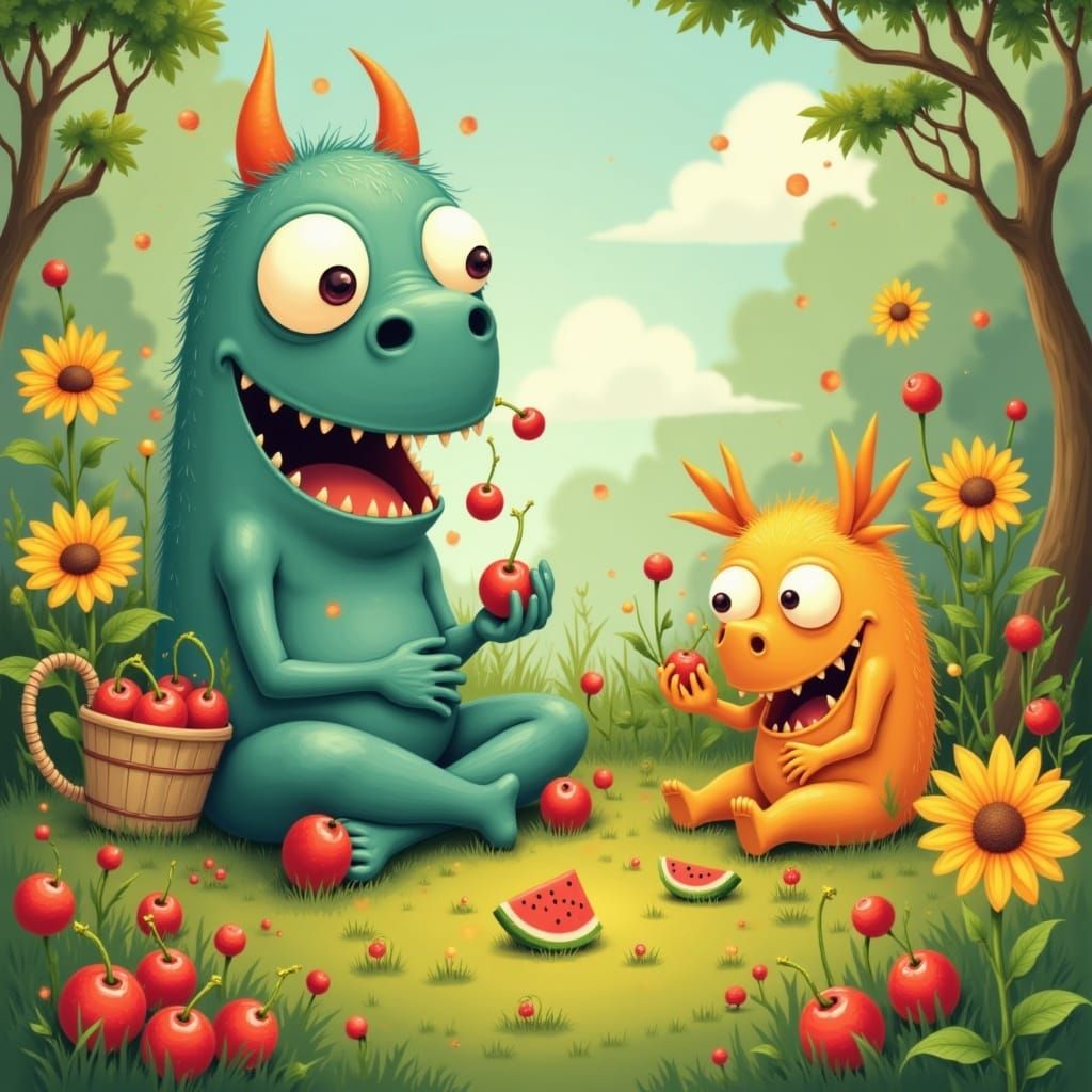  <lora:Monster Menagerie:1.0> 

The garden was alive with the hum of bees and the rustle of leaves swaying in the breeze. She sat cross-legg...