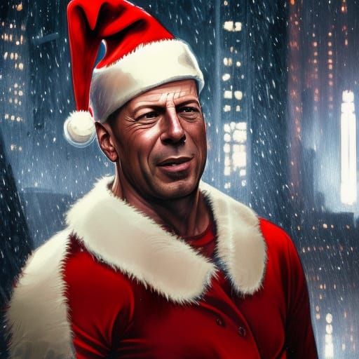 bruce willis in die hard elevator scene trapped wearing a santa clause hat  by @bobby tequila