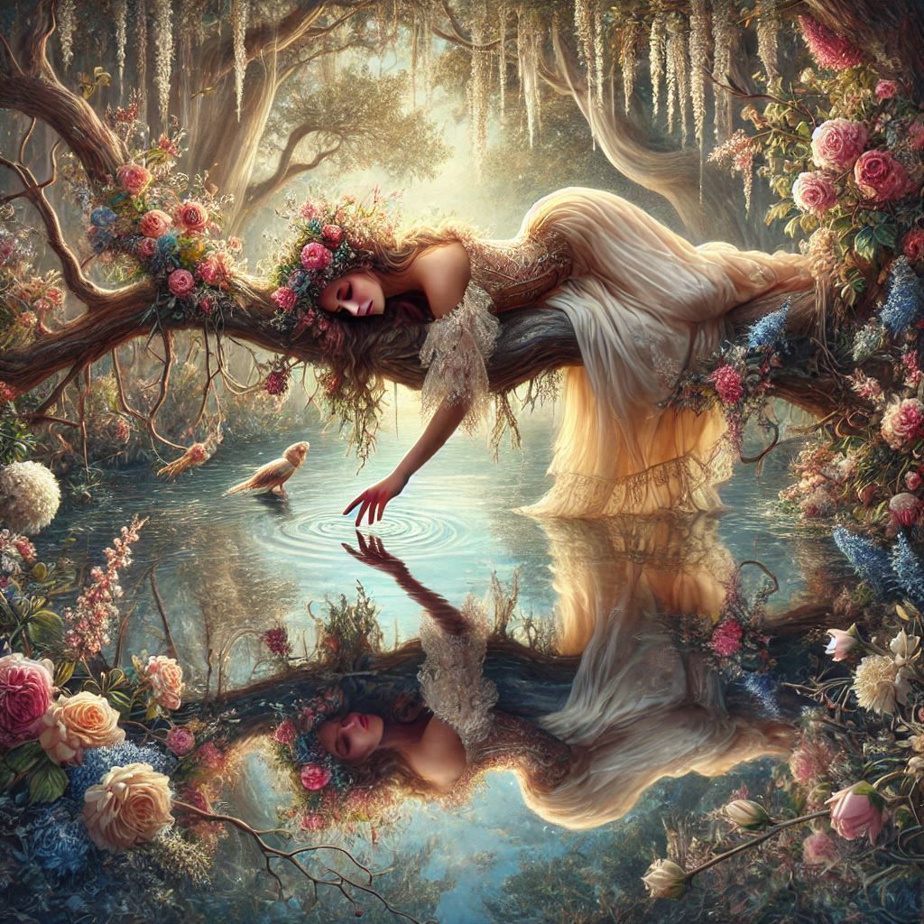 Reflection of a beautiful woman in the river