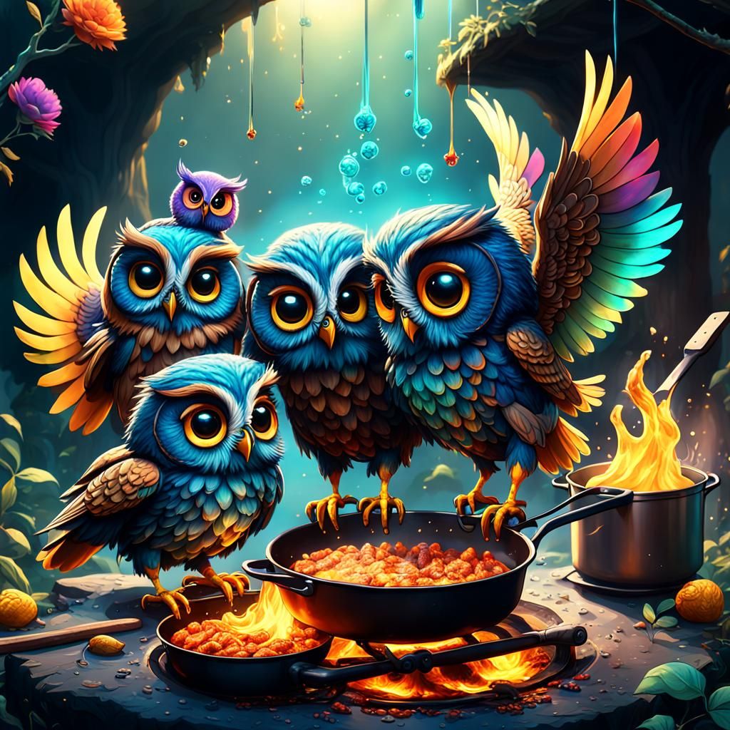Colorful Owl-Birds in Detailed Matte Painting