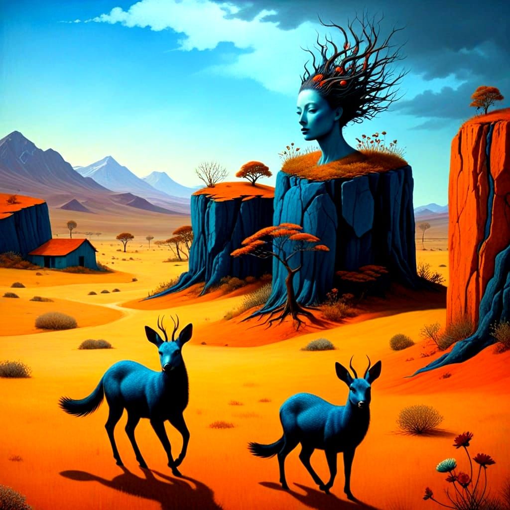 Surrealistic Landscape with Fantastical Creatures in Vibrant...