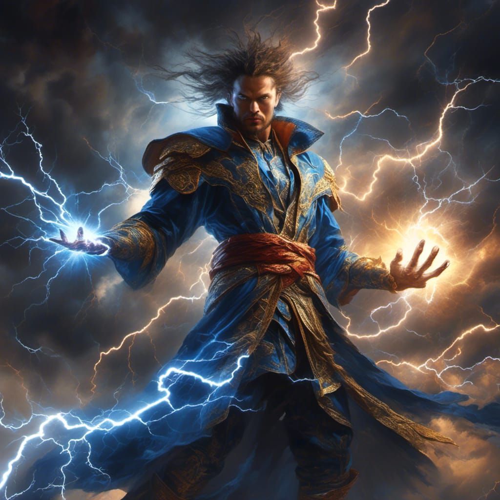 <lora:Raio:1.0> A powerful mage casting lightning from his hand, digital art, lightning, intense, thunderbolts, dynamic masterpiece, correct...