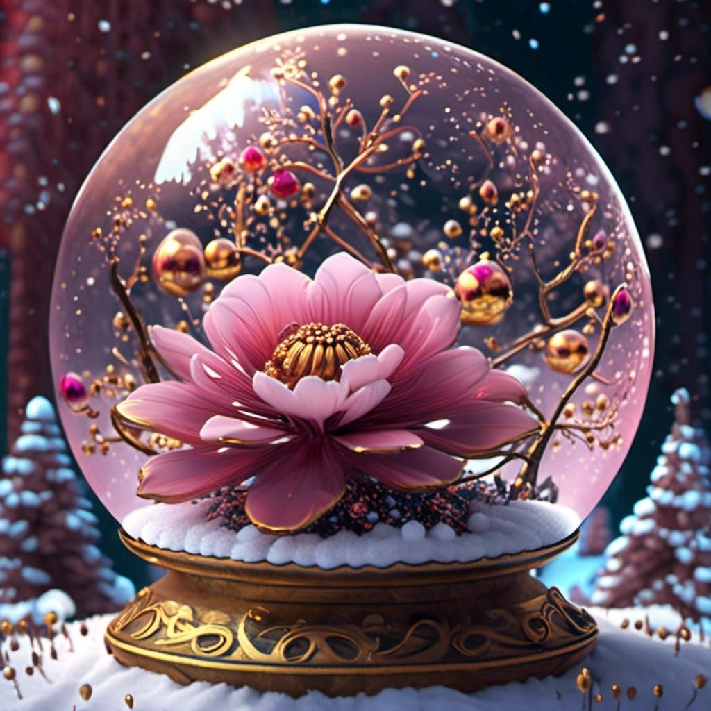 <lora:Artistic 1:1.0> pink and gold metal flower in a snow g...