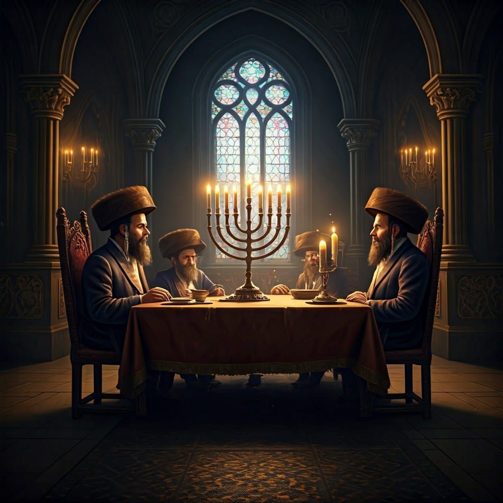 Traditional Jewish Men Surrounded by Vibrant Hanukkah Celebr...
