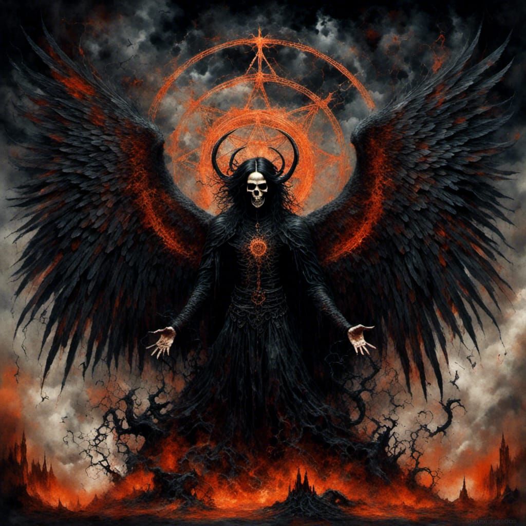 <lora:Other side of holy:1.0>  dark fallen angel man on a hill with huge black wings, oldschool oil painting style, watercolor, mandala with...