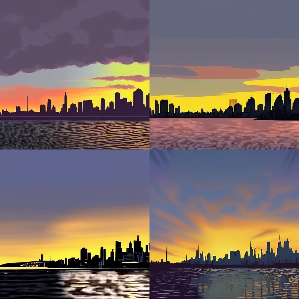 City skyline across the water at sunset, Mark Brooks and Dan...