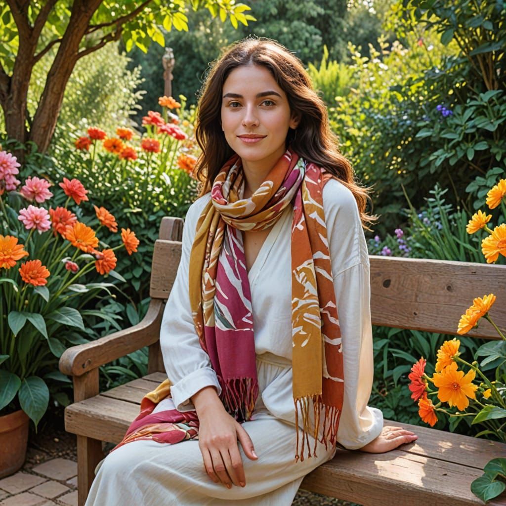 Serene Israeli Woman in Impressionist Garden Setting