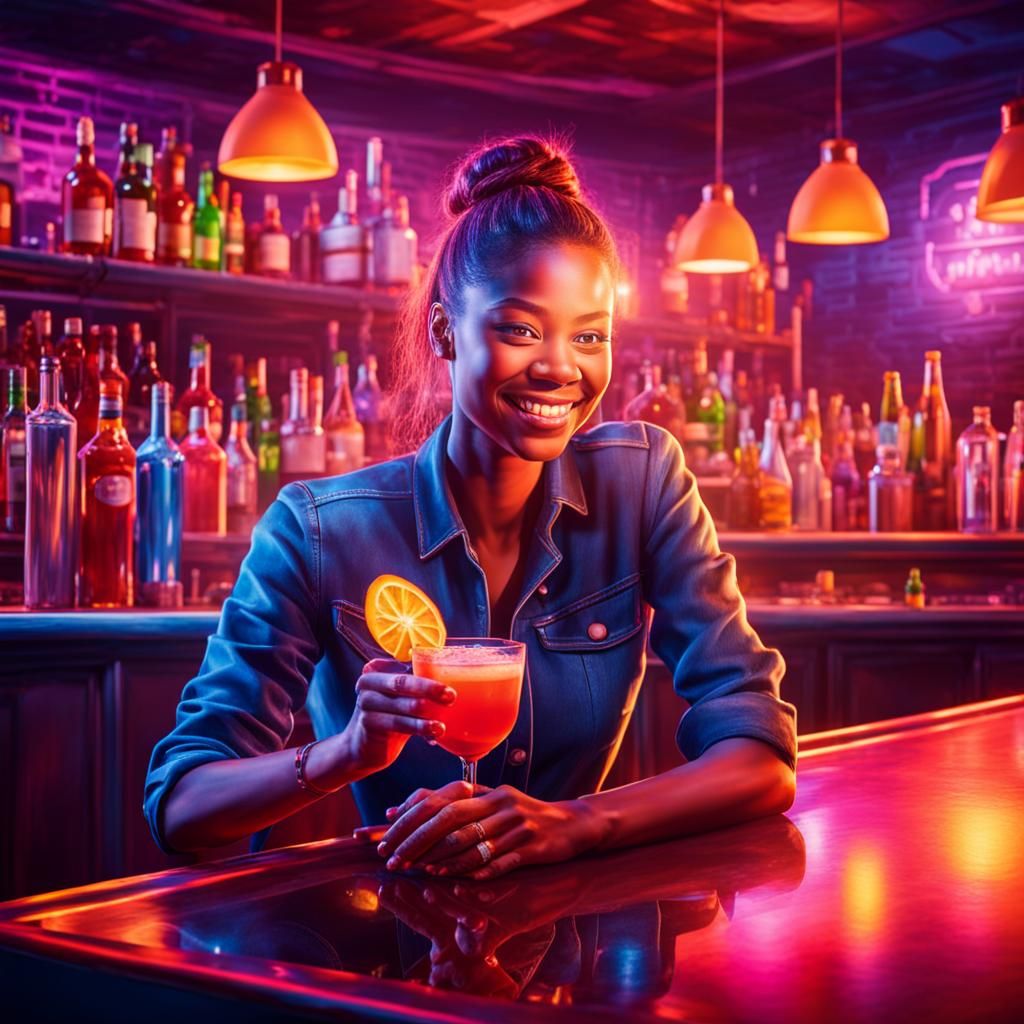 Hyper realistic image if a flashy beautiful female bartender...